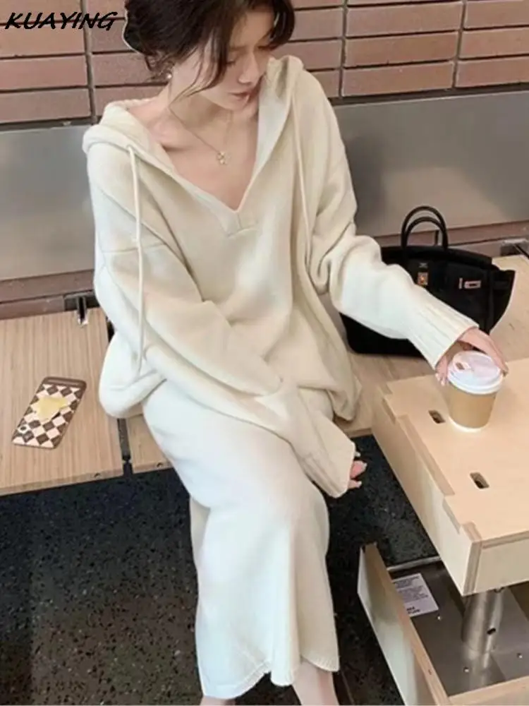 2 Piece Women Knitted Sweater Suits Winter Fashion Korean Blouses Tops and Skirt Set Casual Elegant Female Hoodies Outfits 2024