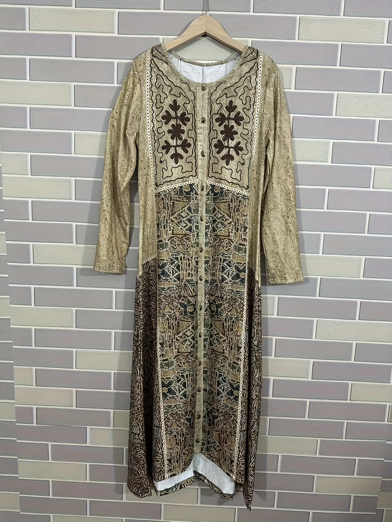 Women's Fashion Retro Ethnic Style Floral Digital Print Art Long-Sleeve Dress - Machine Washable