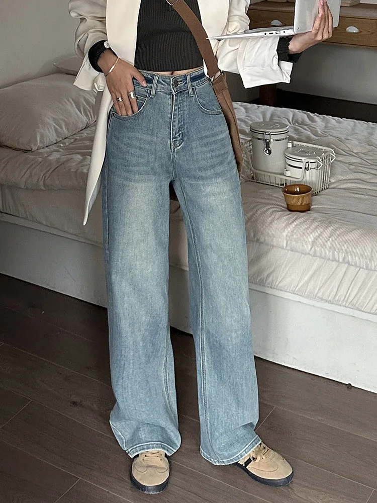 Vintage Womens Jeans Mid Waisted Straight Leg Loose Stretchy Tummy Control Trendy Jeans for Women Denim Pants Casual Trousers