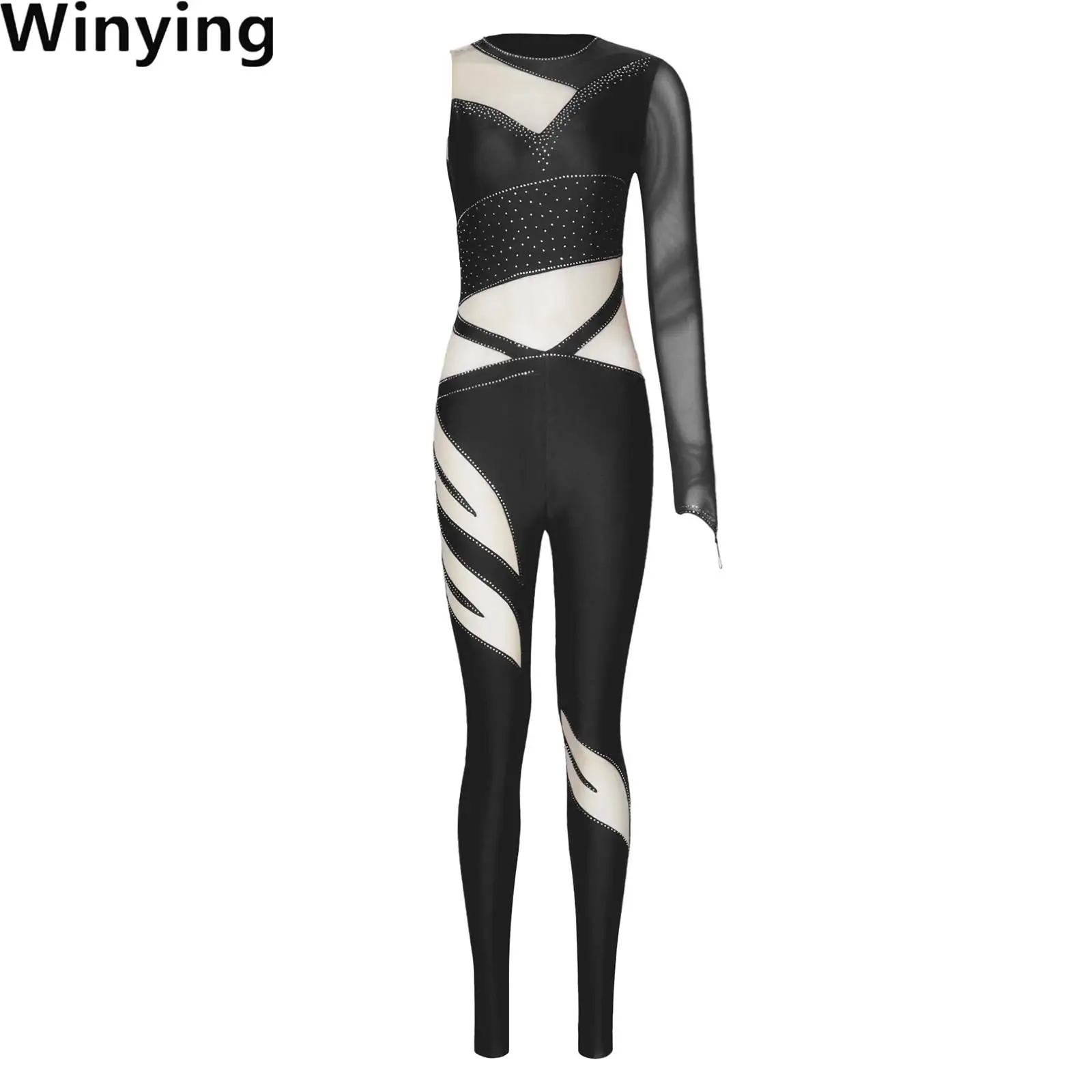 

Women Rhythmic Gymnastics Figure Skating Unitards Jumpsuit Patchwork Mesh Romper Performance Acrobatic Dance Rhinestones Costume