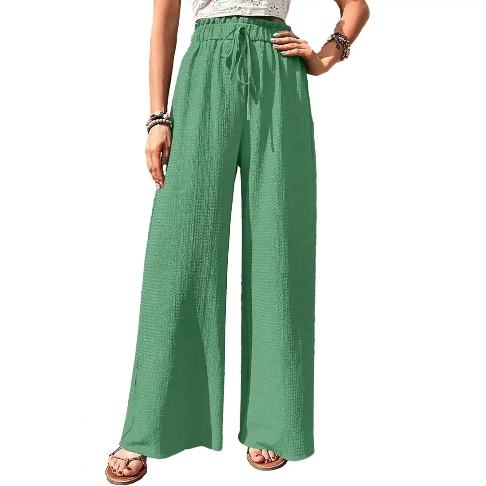 

Women Pants High Elastic Waist Drawstring Wide Leg Loose Pleated Pockets Floor Length long trousers