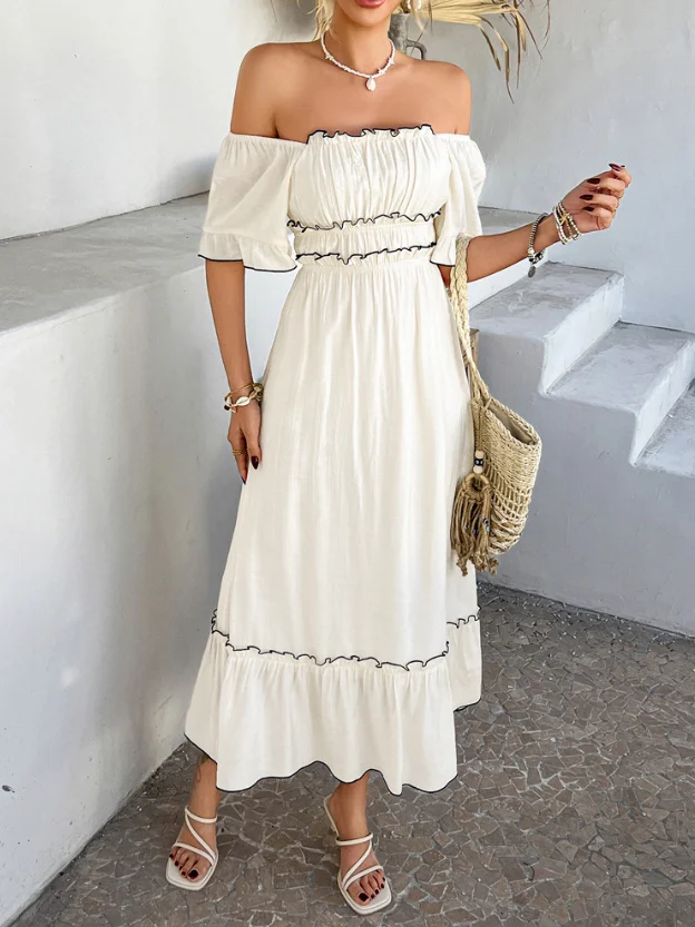 

Vacation Casual Short Sleeve Dress for Women Summer Bohemian Style New Fashion Women's Elegant High Waist A-Line Dresses