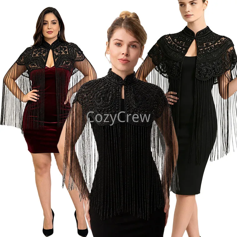 Black Beaded Embroidery Long Tassel YUNJIAN Cape Shawl, Stand Collar Shoulder Wrap Shrug for Evening Party Banquet Stage Formal