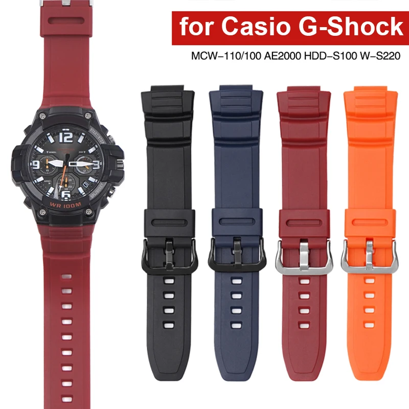 Resin Strap for Casio G-Shock MCW-100H/110H W-S220 HDD-S100 WV-200 AE-2000/2100 TPU Silicone Waterproof Watch Bracelet Band 16mm