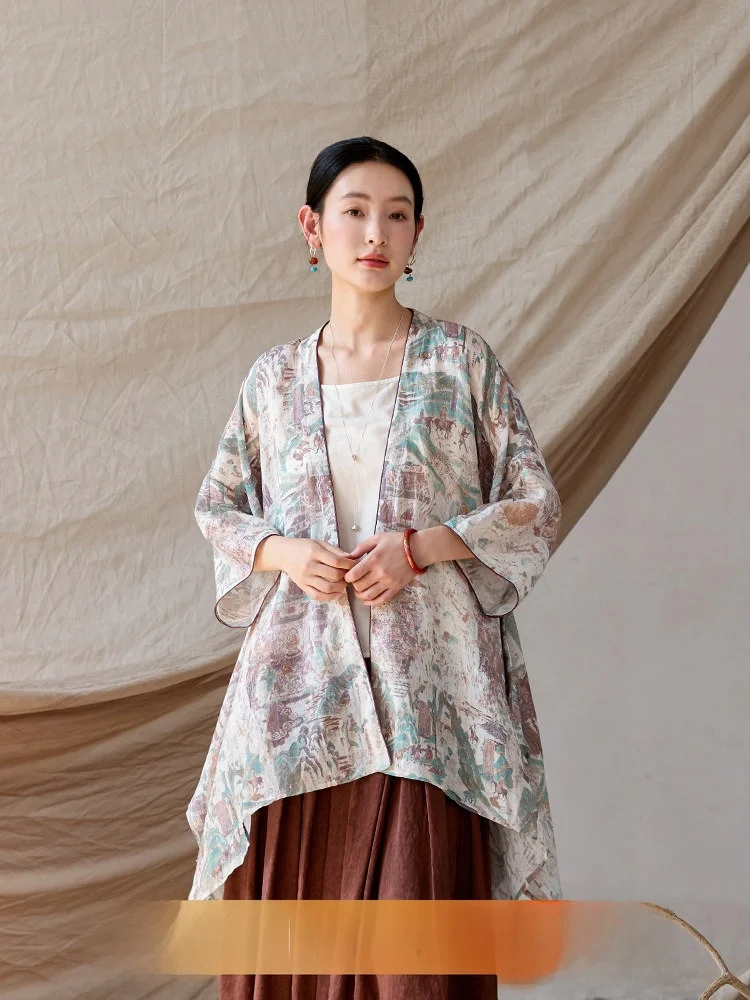 

Hua Xian Original Design Hemp Printed Casual Outerwear Women's Summer Travel Sun Protection Coat Loose Fit Comfortable Short ...