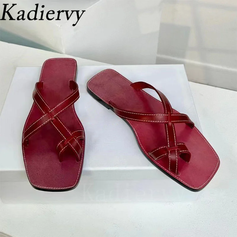 Chanclas de piel auténtica para mujer, zapatos cómodos de banda estrecha, chanclas planas de verano, color negro y rojo, novedad