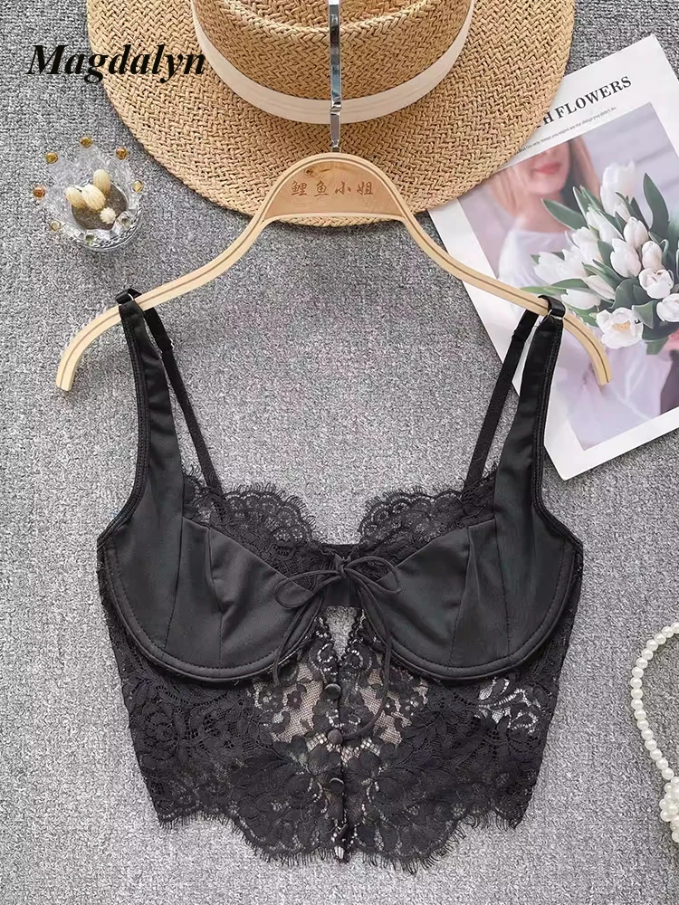 Magdalyn Women Floral Lace Summer Camis Streetwear Boho Beach Basic Sling Tops Ins Casual Elastic Fashion Hollow Sheer Camisole