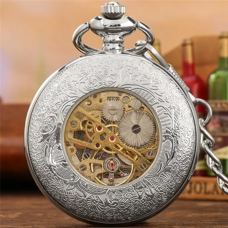 Creative Pocket Watch Hollow Out Happy Birthday Cake Design Unisex Hand Winding Mechanical Clock Timepiece with FOB Chain
