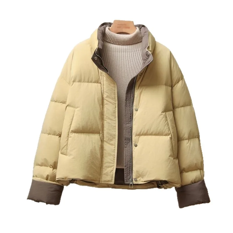 2025 invierno nueva versión coreana Casual suelta Color contrastante cremallera Simple cuello levantado Chaqueta de algodón para mujeres Cotto corto