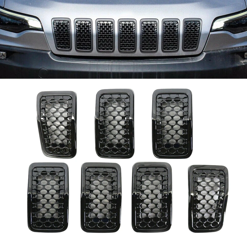 

7Pcs Gloss Black Front Mesh Grille Insert Cover Trim Fit for Jeep Cherokee 2019 2020 2021 2022 6AZ88DX8AB 6FM74SZ0AB 68323773AB