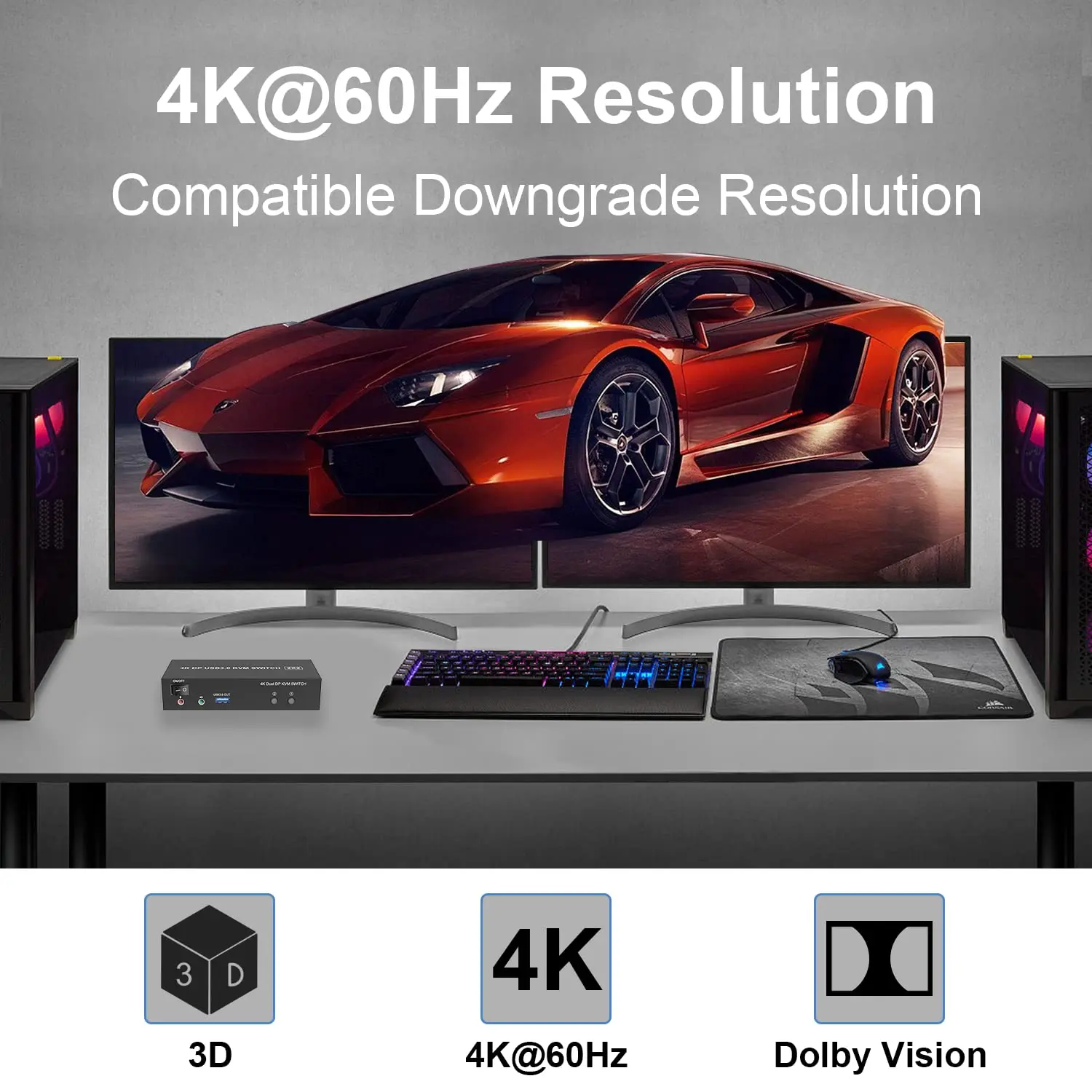 สวิทช์สองจอ DP สวิตช์ KVM displayports 4K @ 60Hz DP 1.2 KVM สำหรับคอมพิวเตอร์2เครื่องใช้ร่วมกัน2จอและ3พอร์ต3.0 USB/ออดิโอ/ไมค์