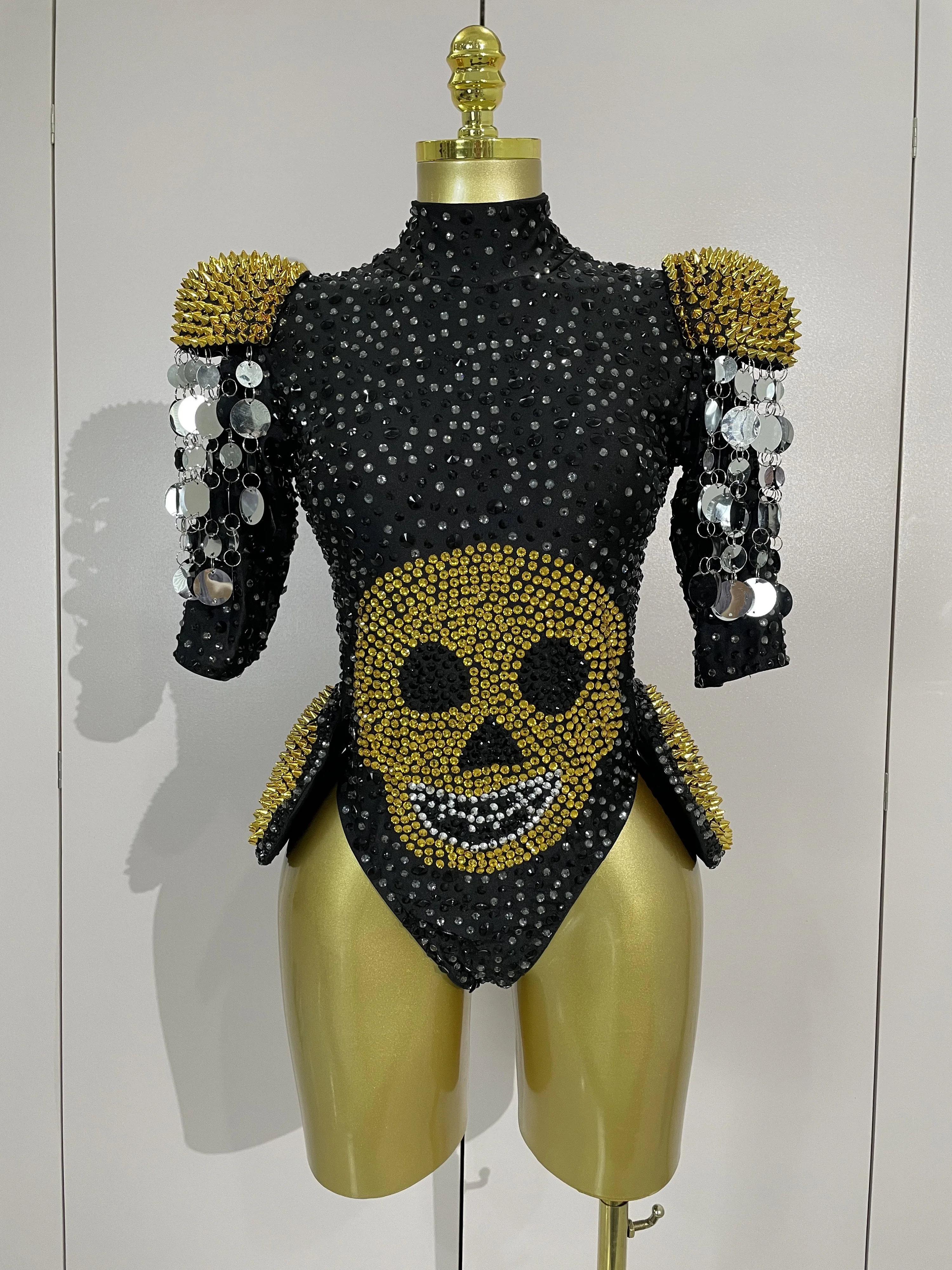 STOCK Sparkly Diamonds Sequin Skull Pattern High Fork Bodysuits Nightclub Bar Singer Party Halloween Festival Sexy Stage Costume