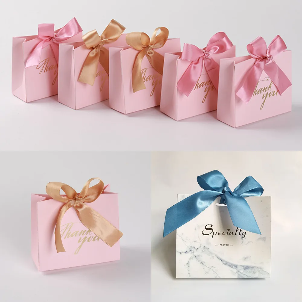 50pcs Gift Packaging Bag With Bow For Wedding Birthday Party Candy Box Welcome Thank You Favor Celebration Decoration Gift Bag