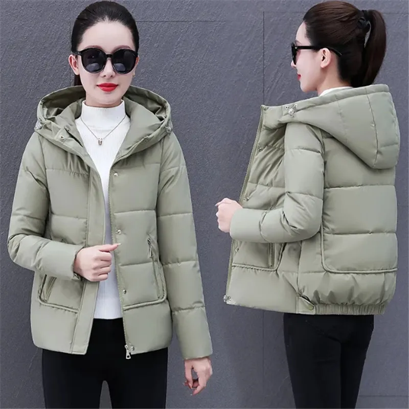 Winter Down Cotton Jacket Women 2023 New Loose Hooded Coat Fashion Concealed Zipper Outerwear Pure Colour Parka Overcoat Female