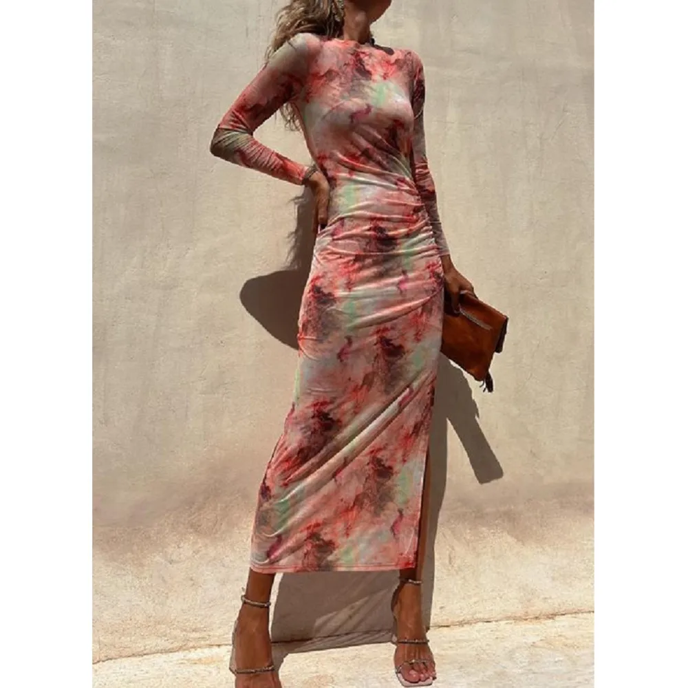 

Casual O Neck Sexy Bodycon Dress Women Long Sleeve High Split Vacation Party Dresses Elegant Tie-dye See-through Mesh Dress