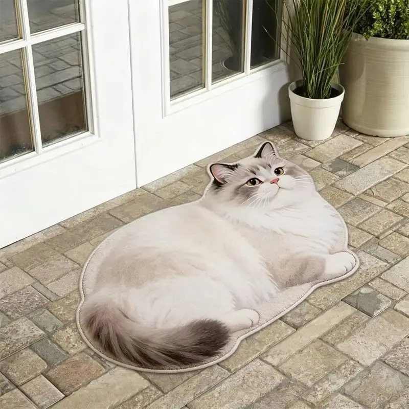 VIKAMA Cute Cat Shaped Rug Black White Kitten Irregular Small Carpet Non Slip Washable Soft Mat Bathroom Bedroom Decor