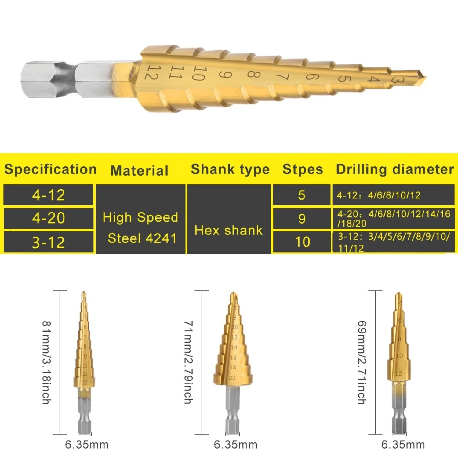 3-12 4 -12 4-20mm broca de pagode canelada reta 3 pçs saco de pano hex haste reamer bit conjunto revestido madeira metal buraco