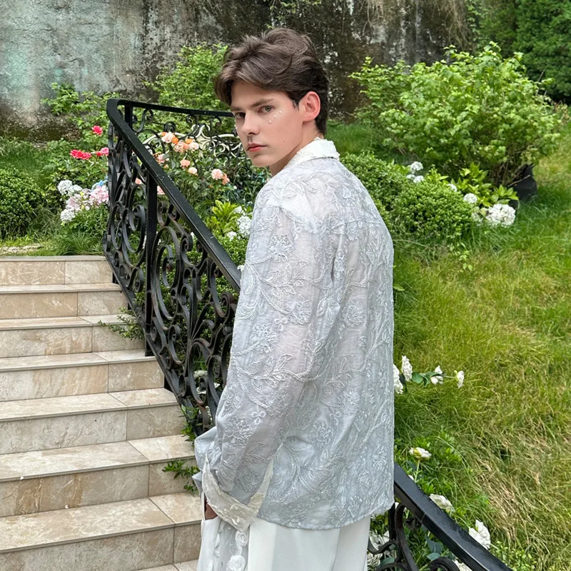 WVGA Spring Summer New Men Long Sleeve Shirt Turn-Down Collar Embroidered Lace Floral Patchwork Niche Contrast Colors Ins W26161