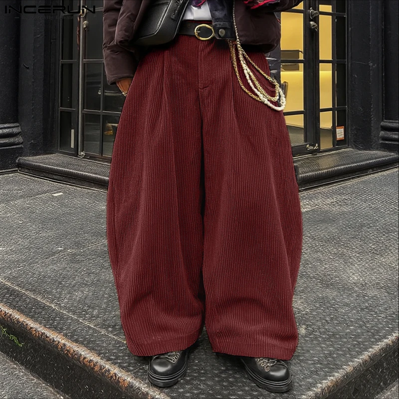 

INCERUN Men Corduroy Pants Solid Color Button Joggers Loose Wide Leg Trousers Men Streetwear 2025 Fashion Casual Male Long Pants