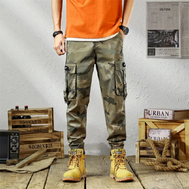 Autumn new fashion men's American casual multi-bag loose zipper leg pants fashion brand overalls