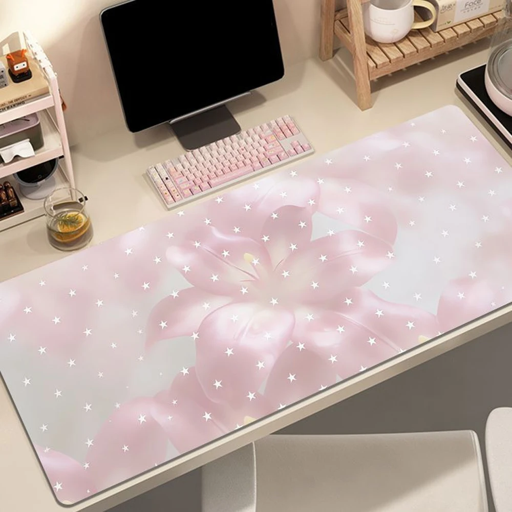 Pink Stars Lily Flower Premium Rubber Mouse Pad Gaming Large Small Laptop Deskmat Keyboard Mat Stitched Edge Non-Slip Desk Pad