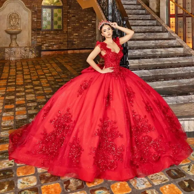 

Customized Red Shiny Quinceanera Dresses Ball Gown Applique Crystal Bow Beading Tull Sweet 16 Dress Vestidos 15 De Anos