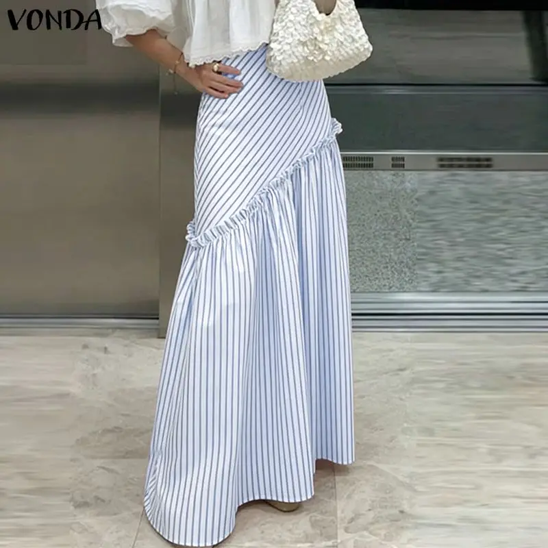 VONDA Falda Larga Maxi a Rayas de Cintura Alta para Mujer Tallas Grandes 5XL, Casual, Holgada, con Volantes, Moda 2026, para Vacaciones