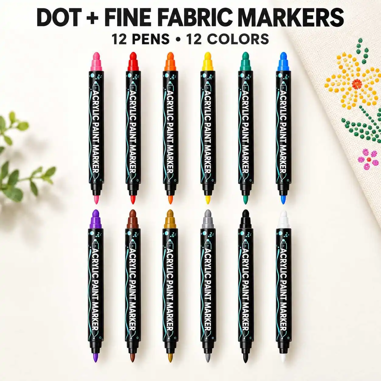 12pcs Dual Tip Fabric Paint Marker Pens Set Dot and Fine Points Black Barrels Assorted Colors for Textile Art