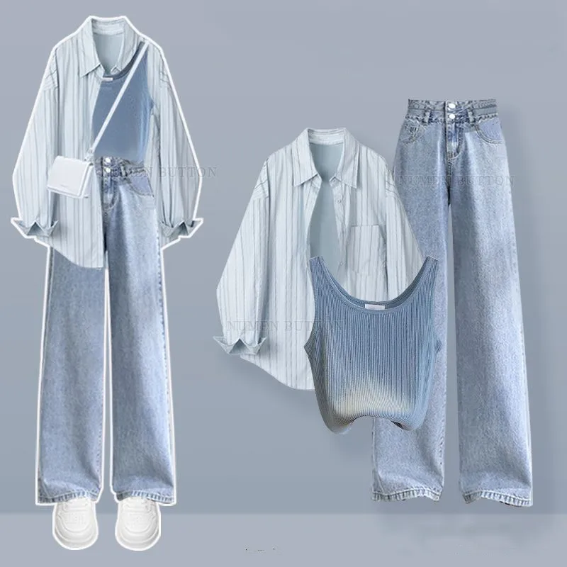 

Women's 2025 Summer Fall New Fashion Striped Shirt+Vest+Jeans Suit Korean Elegant Long Sleeve Cardigan Denim Pants Matching Set
