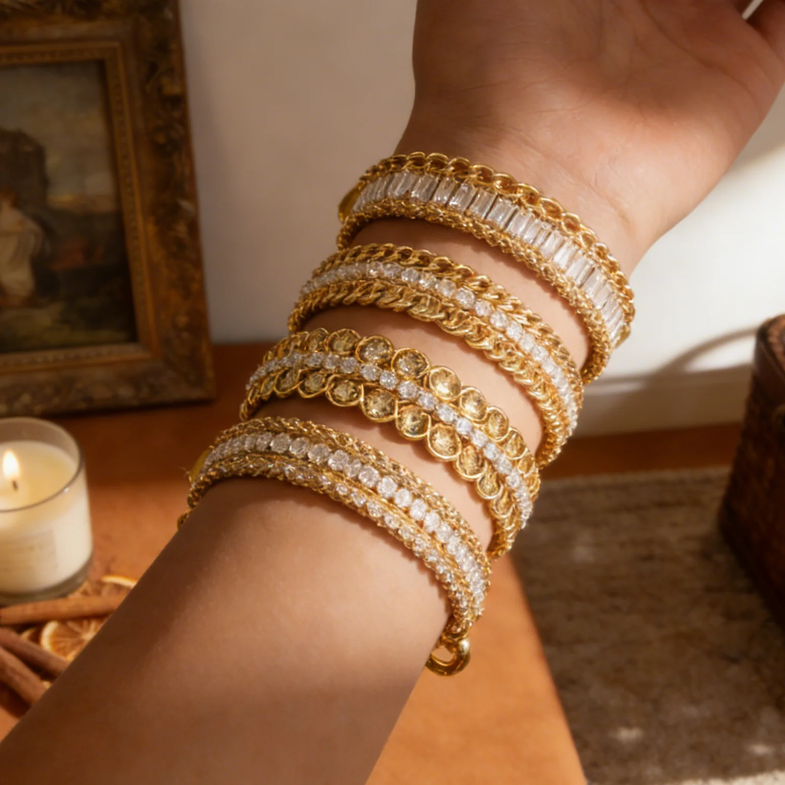 18K Gold Plated Wide Mesh Chain Bracelet for Women Inlaid Cubic Zirconia Crystal Woven Bracelet Luxury Jewelry Wedding Gift