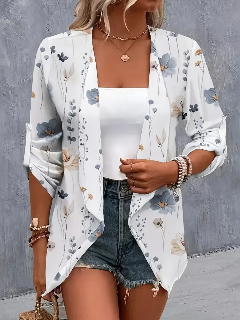 سترة نسائية بطبعة زهور ، تنحنح غير متماثل ، كاجوال للسيدات ، علامة تبويب ، أكمام طويلة ، مقدمة مفتوحة ، مقاس كبير ، 1XL-5XL ، موضة