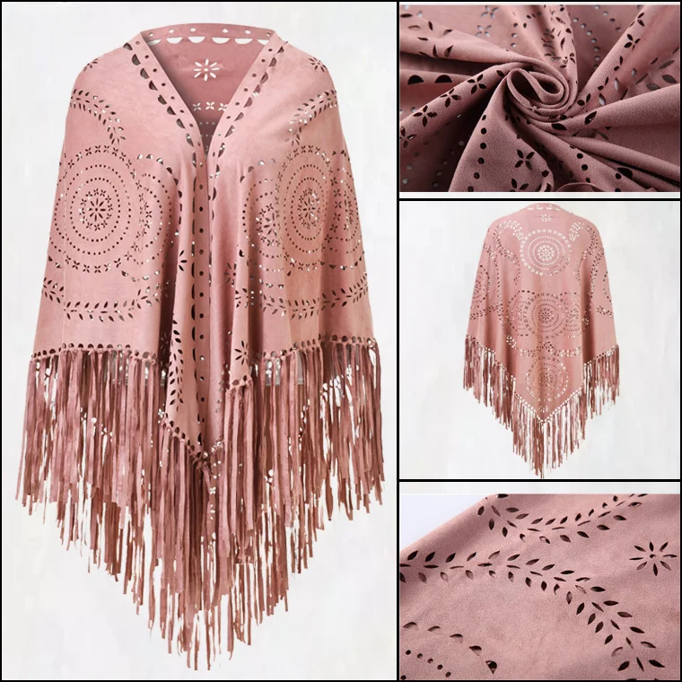 Suede Fabric Solid Color Wheat Triangle Scarf Autumn Warm Shawl Ladies Fashion Outside with Hollow Fringe Scarf Wholesale