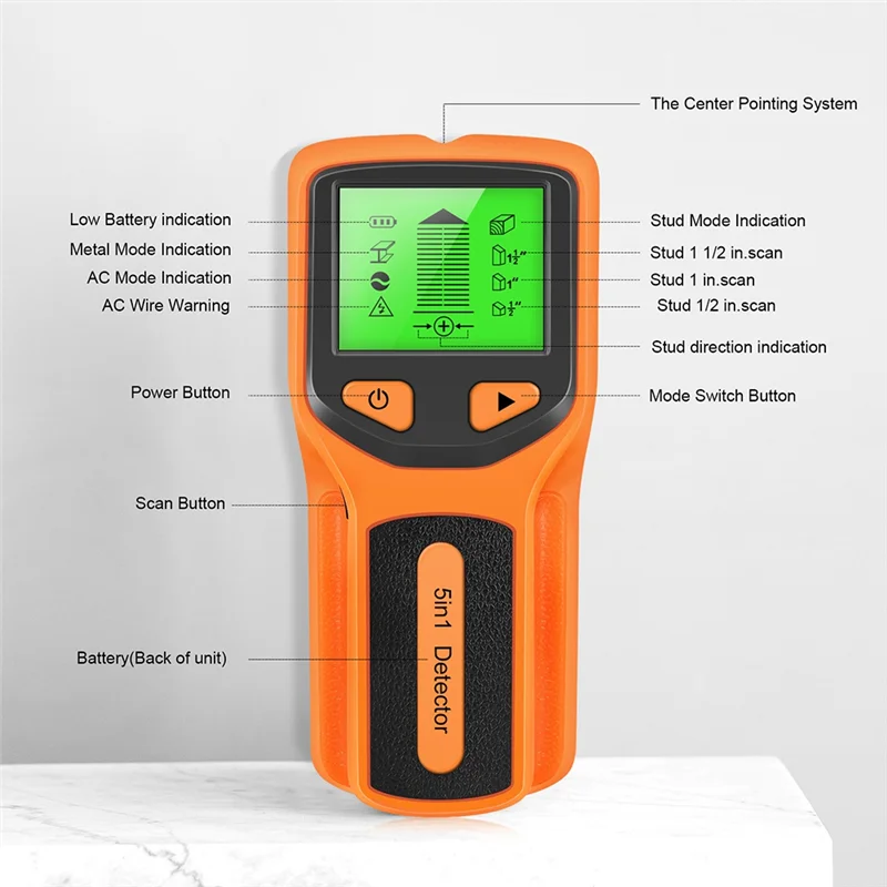 【CALDO】 Rilevatore di perni per scanner da parete 5 in 1 Rilevatore di perni digitale portatile per tubi dell'acqua in PVC Scanner per ricerca di metalli Arancione Durevole