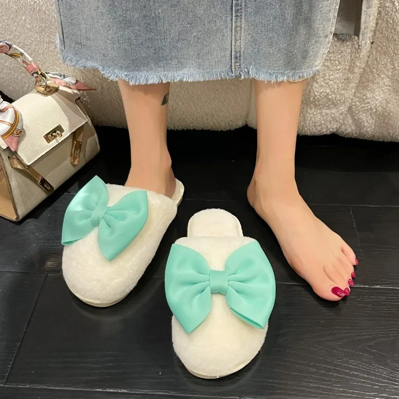 

2024 Shoes Female Closed Toe Women's Slippers Home Warm Casual Slippers Women Bow Tie Round Toe Flat with Ladies Shoes Zapatos