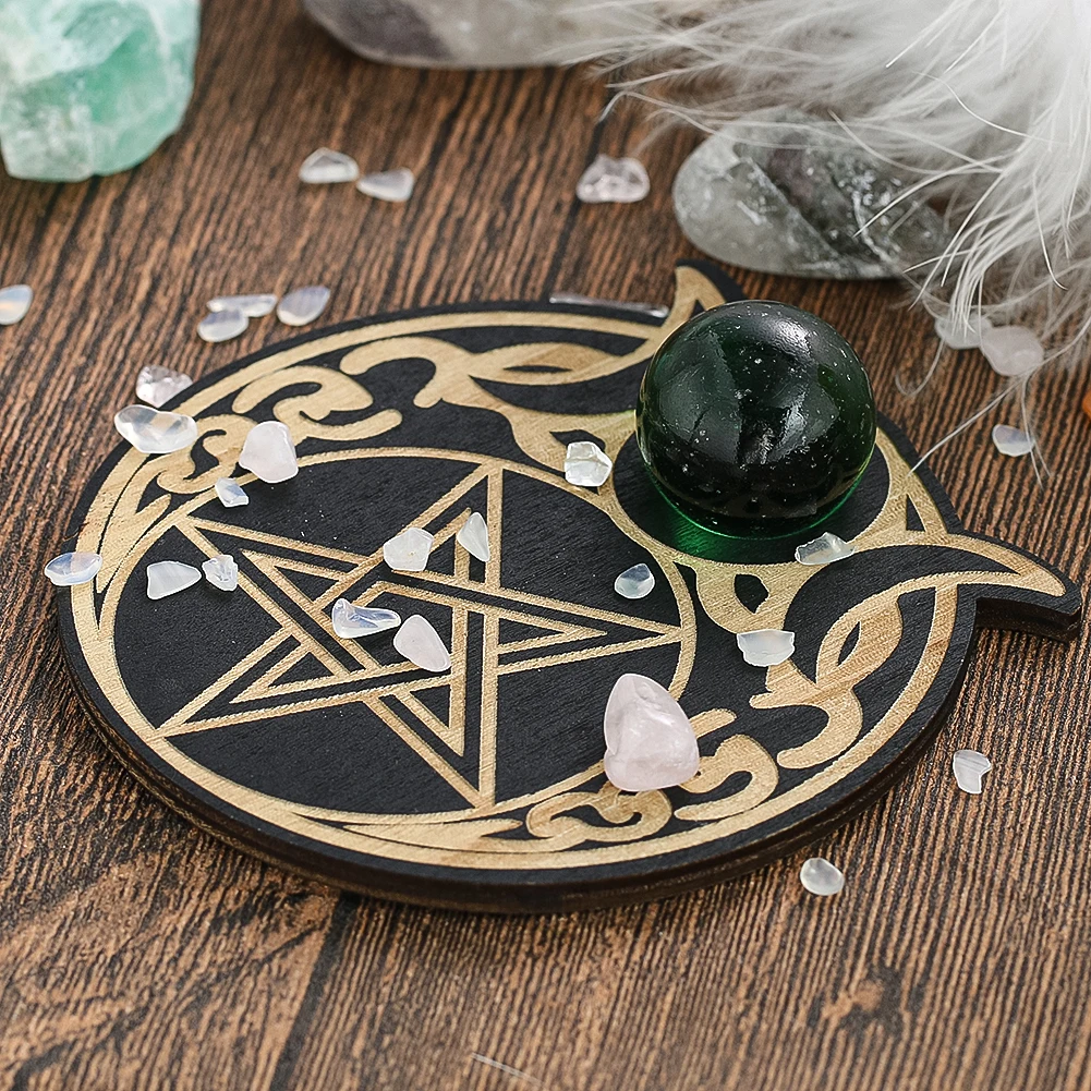 Wooden Pentagram Crystal Ball Base Holder Wooden Plates Boards Stone Sphere Support Display Stand Meditation Witchcraft Supplies