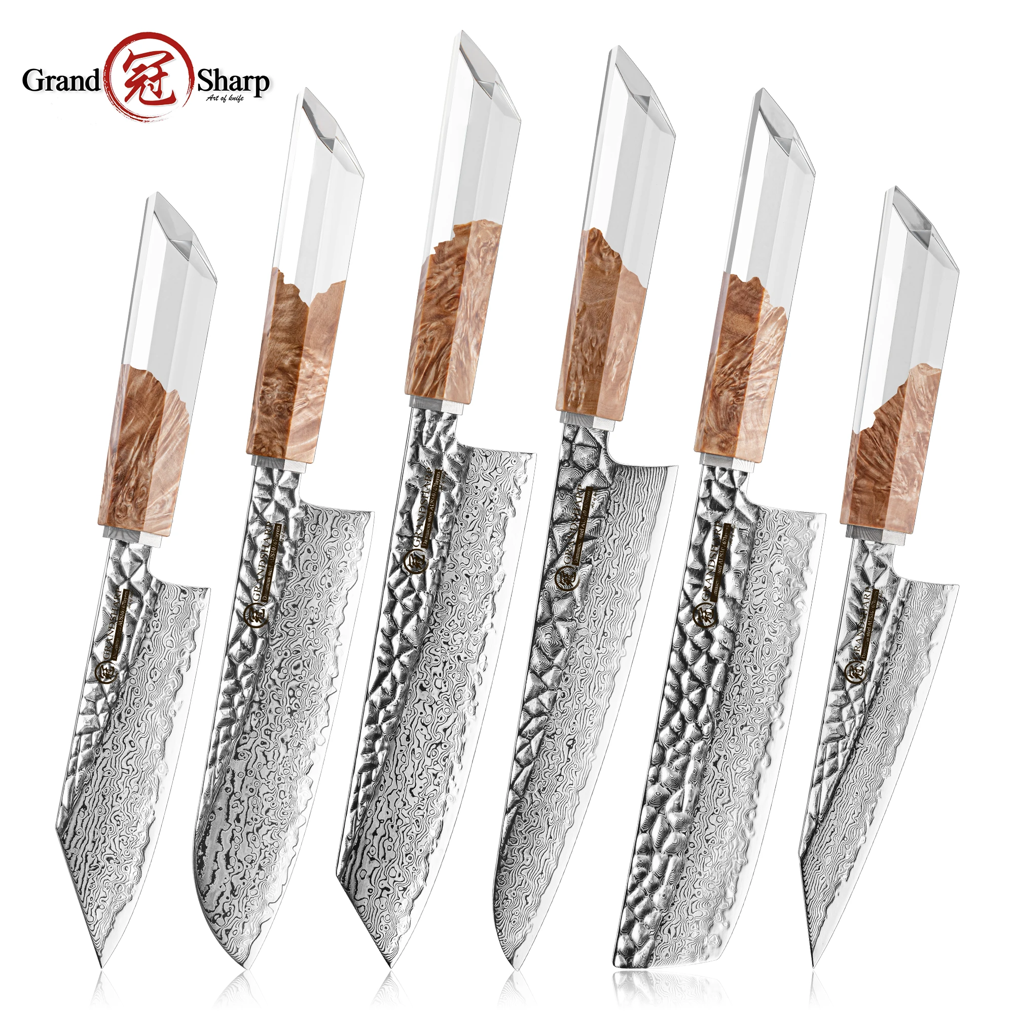 GRANDSHARP 67 Layers Damascus Kitchen Knife Set 1-6 PCS AUS-10 Steel Transparent Resin Wood Handle Vegetable Meat Cutting Tools