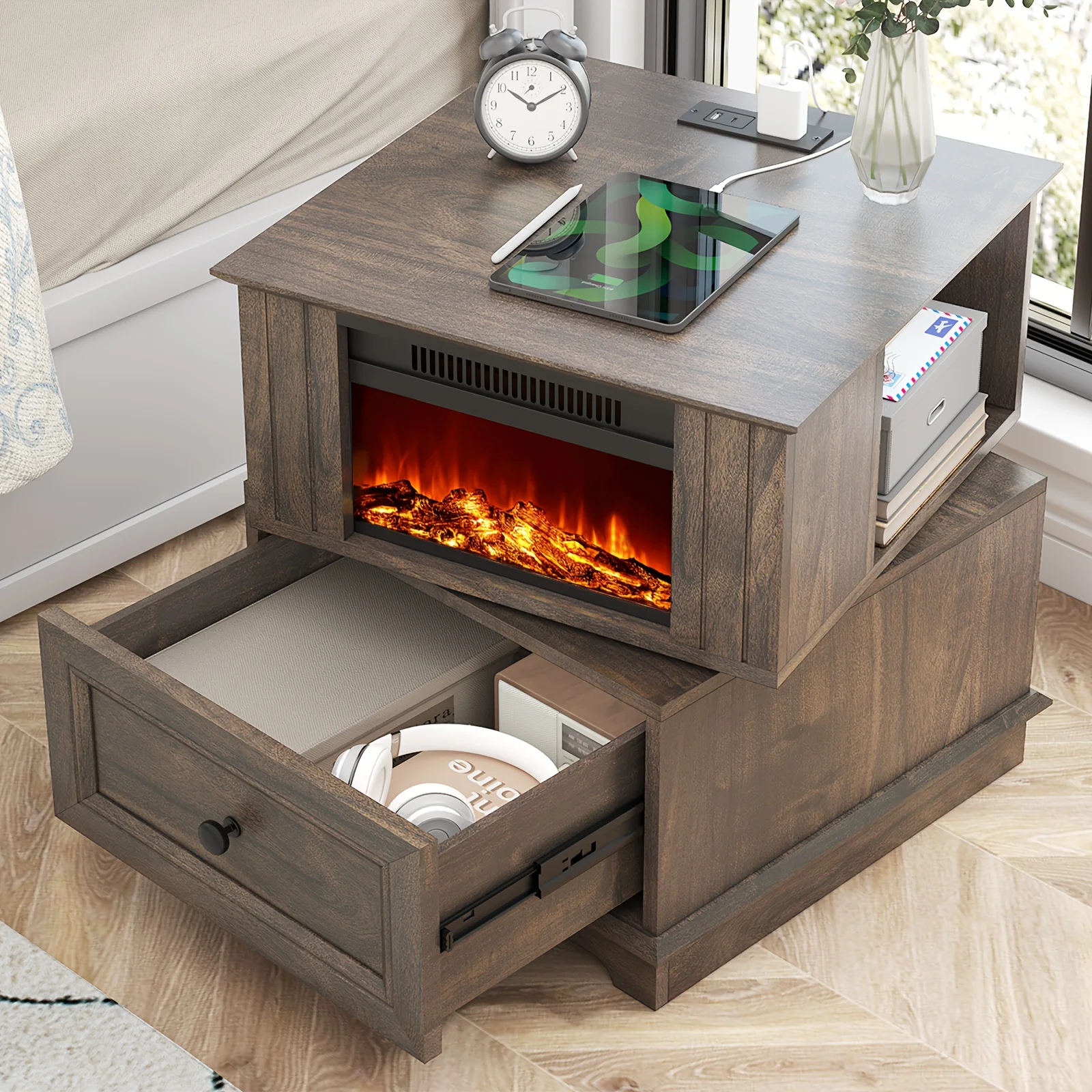 

Rotating End Table with 13" Electric Fireplace Screens | Side Table with Fast Charging Station, Multifunctional Wooden Side