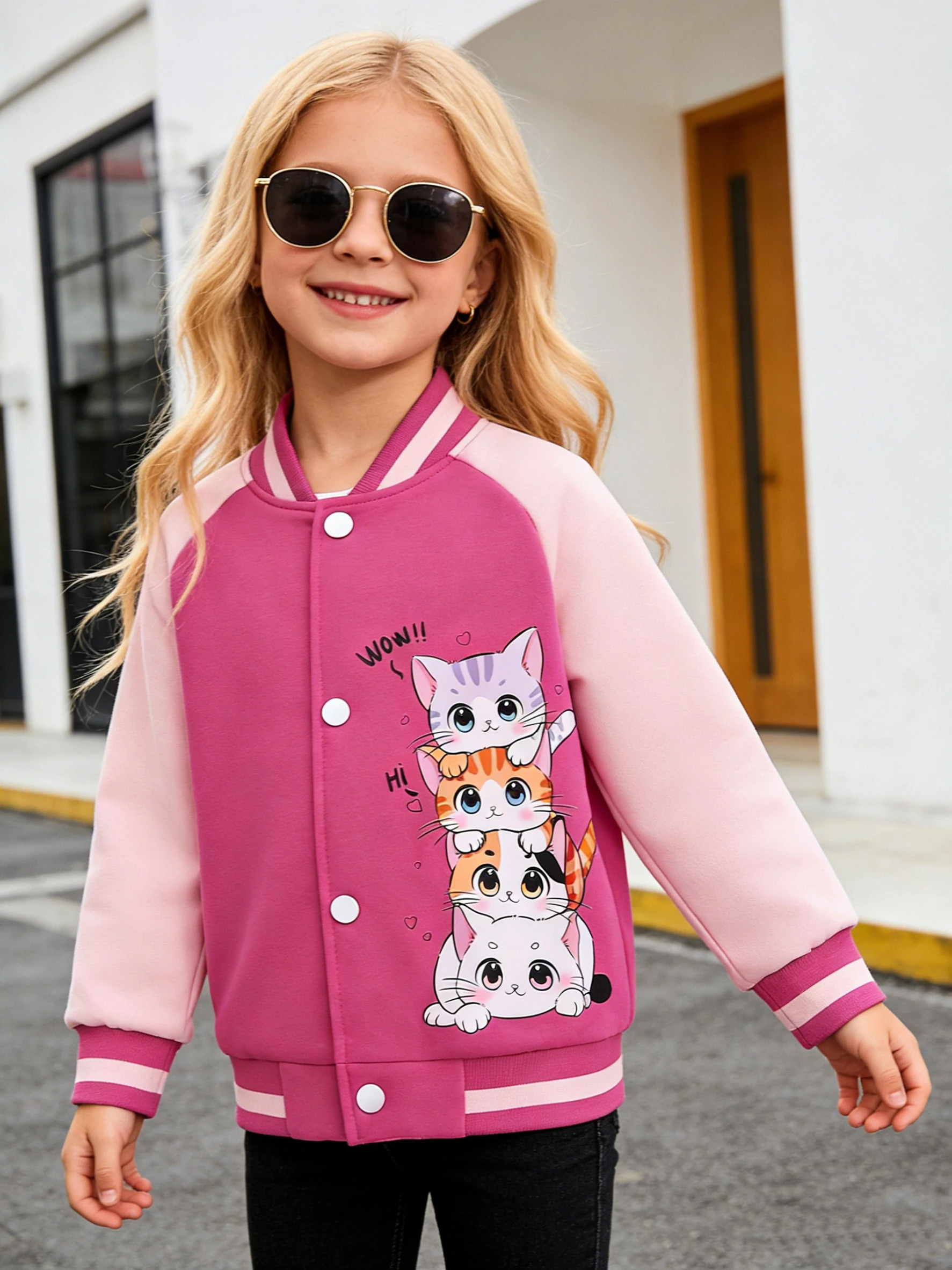 Little girl's cartoon baseball jacket with heart-shaped cat pattern, suitable for children's casual outdoor daily activities