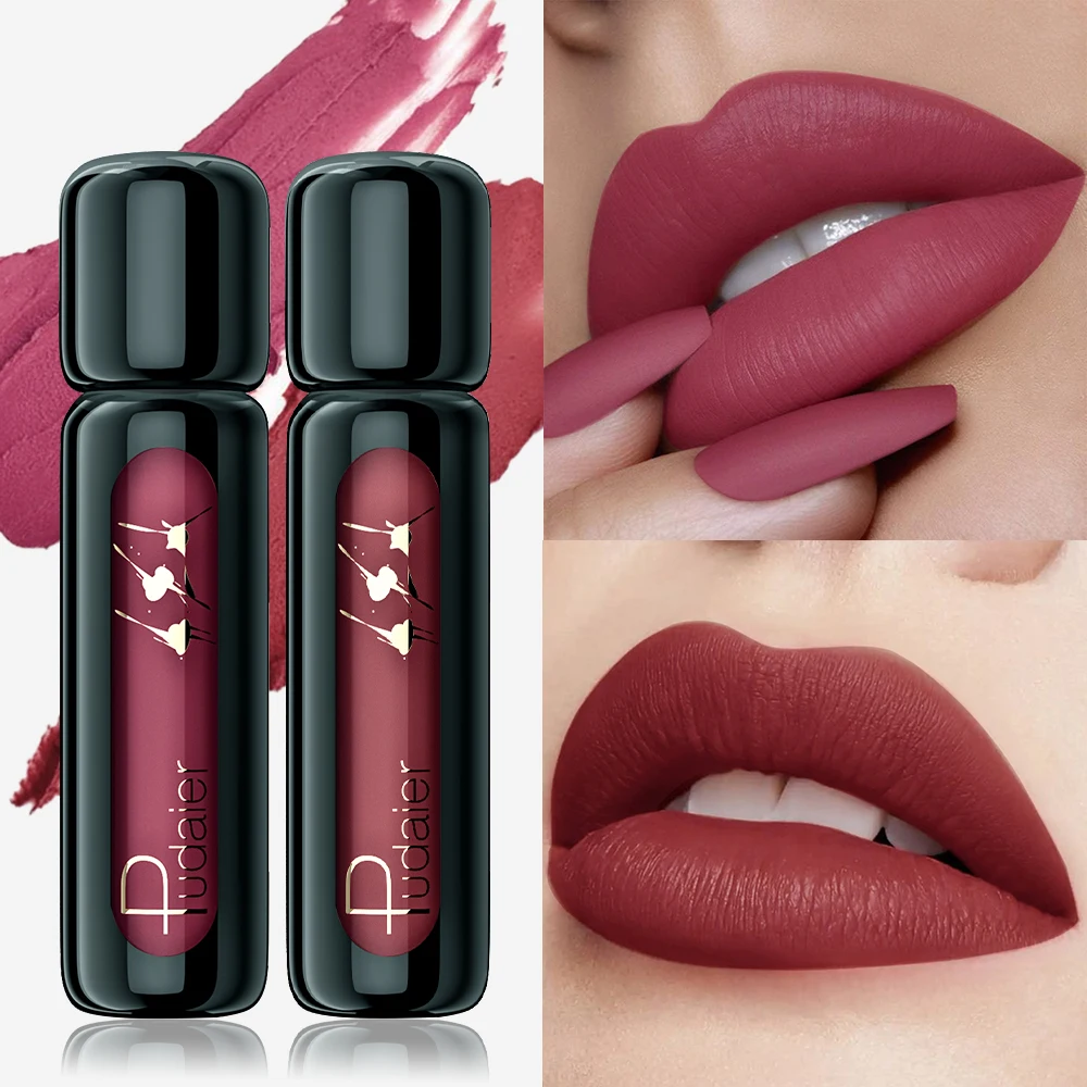 Waterproof Non-Fade Matte Lip Gloss Set 2pcs Pudaier Nude & Reddish-Brown Non-Stick Cup Lip Color