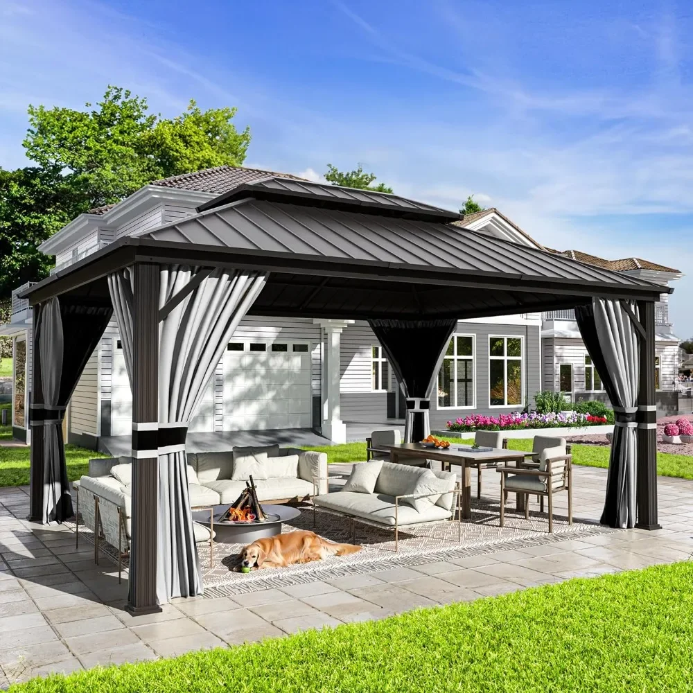 Hardtop Gazebo, Galvanized Steel Double Roof Permanent Aluminum Gazebo, Outdoor Metal Pergolas with Mosquito Netting