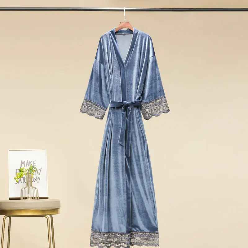 Sleepwear Dressing Gown Nightdress Autumn Winter Velvet Nightgown Kimono Robe Sexy Lace Long Nightwear Bathrobe Loose Home Wear