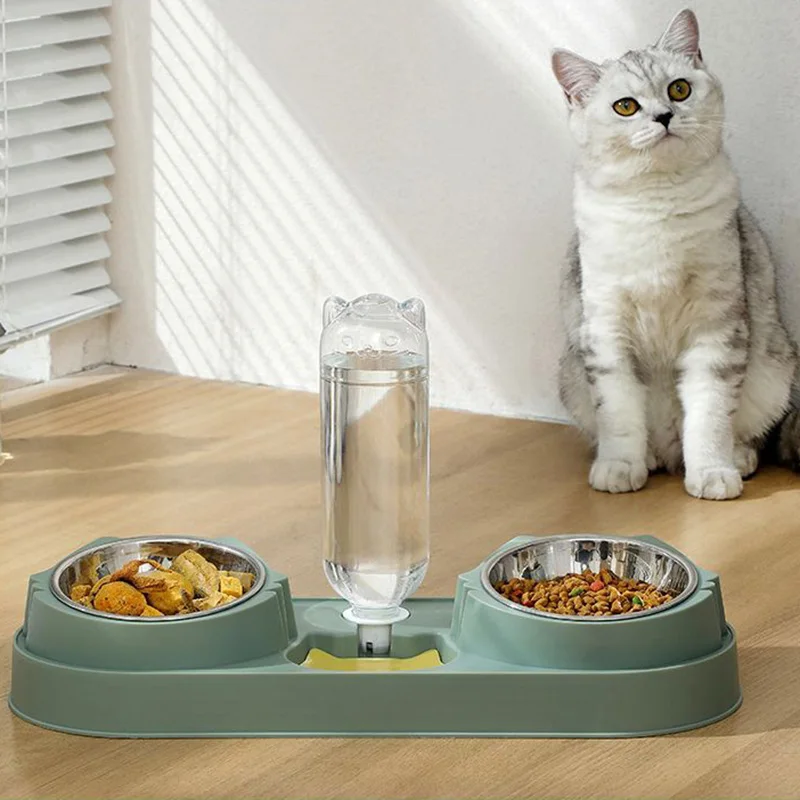 Hot Puppy Cat Food Bowl with Waterproof Mat Automatic Pet Feeder Cat Water Fountain Double Dish Pets Feeding & Watering Supplies