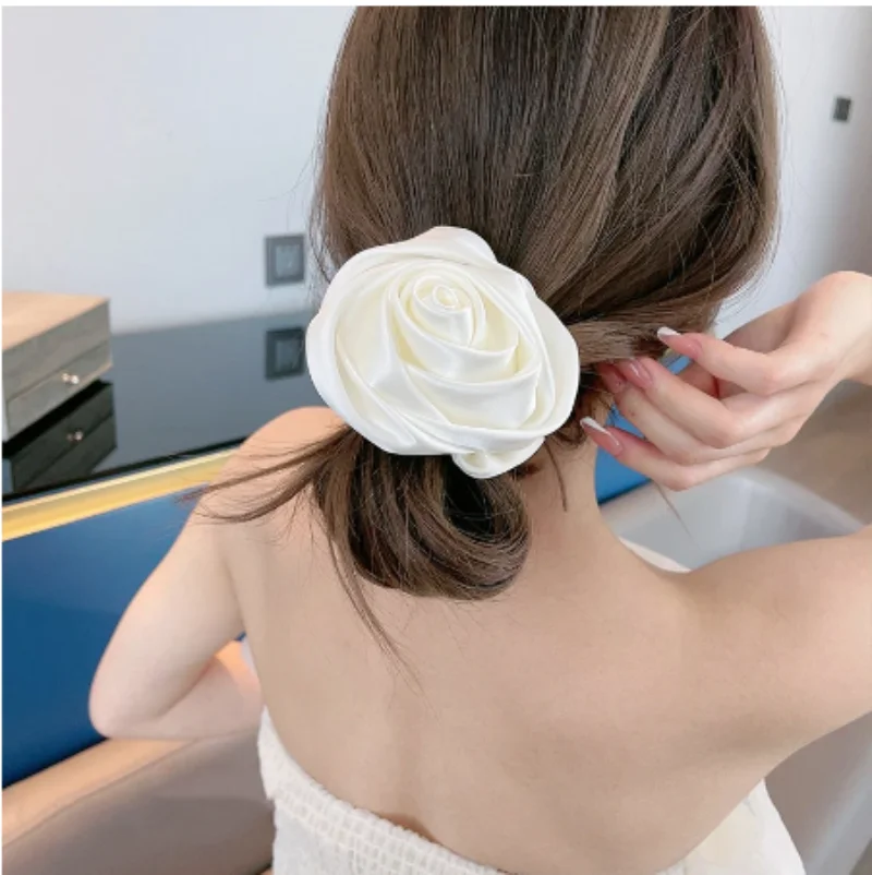 Elegant Silk Rose Flower Elastic Hair Bands for Women Girls Solid Color Scrunchies Hair Ties Ponytail Holder Hair Accessories