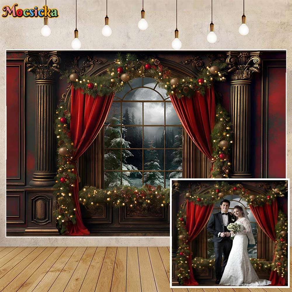 

Mocsicka Christmas Backdrop Vintage Wall Red Curatin Window Snow Forest Women Portrait Photography Backgrounds Photo Shoot Props