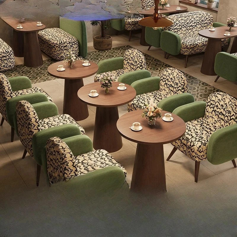 Restaurant Solid Wood Table and Chair Set Vintage Cafe Dessert Shop Tea House Meeting Leisure Sofa Chair