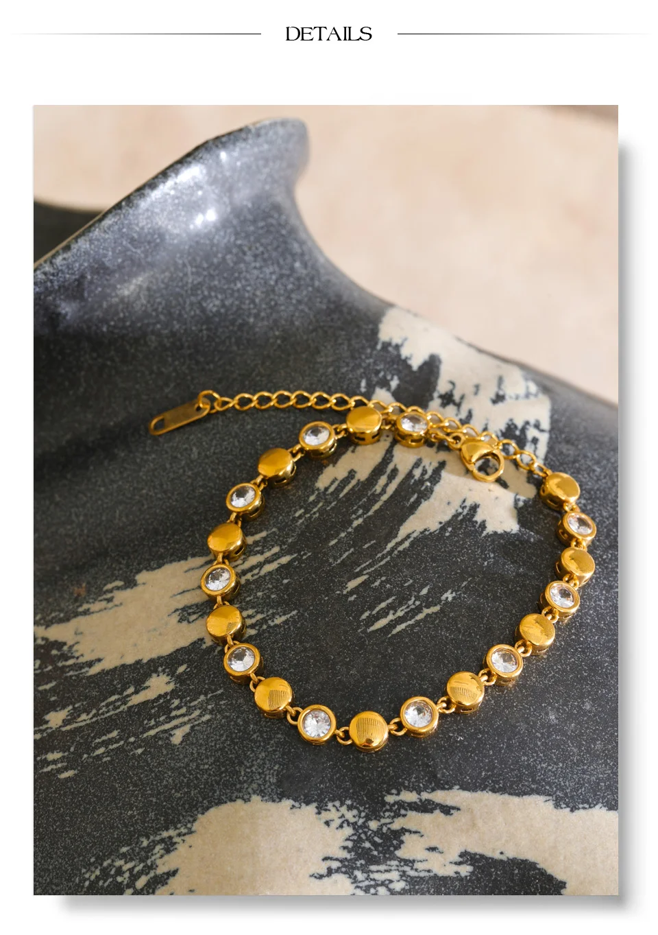 Yhpup Edelstahl-Armband mit runder Zirkonia-Kette, 18 Karat PVD-beschichtet, zartes Sommer- und Alltagsschmuckgeschenk – Detail 4