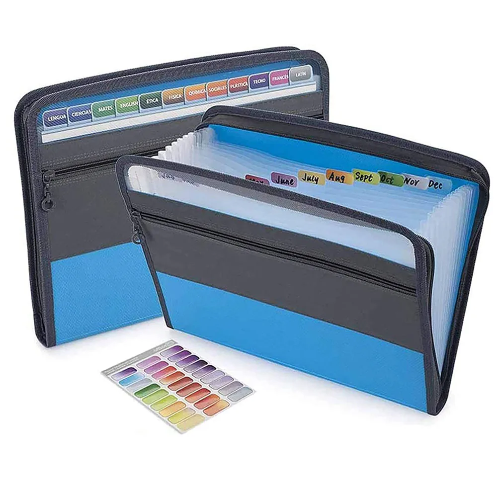 

13 Pockets Accordion File Folder with Sticky Labels A4 Expanding Folder Document Organizer Expandable Zipper File Bags Office