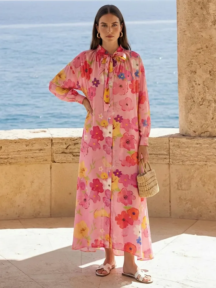 Freeacy 2026 Damen Buntes Blumenmuster Süßes Kleid mit Schleifenkragen, Langen Ärmeln, Locker Geschnitten, Knopfleiste, Midi-Länge, Partykleid