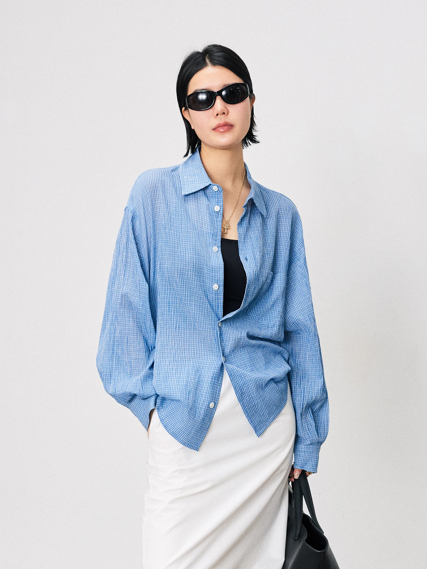 

MARRYHER Capsule Style Loose Fit Cotton Shirt Women's Spring Light Breathable Plaid Shirt Casual Comfortable Long Sleeve