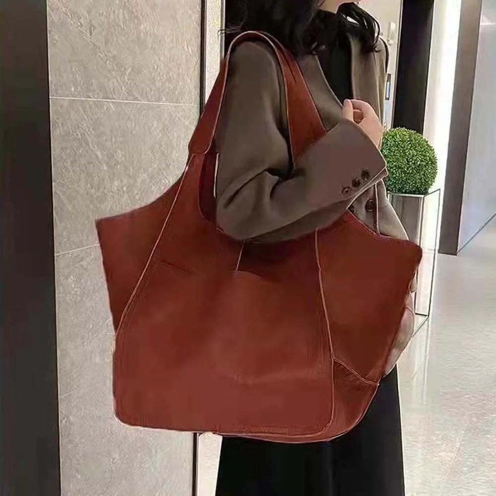 

Casual Soft PU Tote Bag Magnetic Button Multi-Pocket Large Capacity Shoulder Bag American Style Rretro